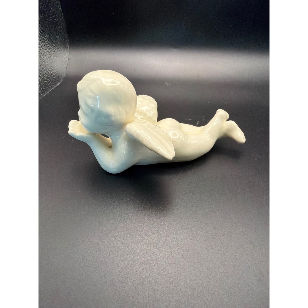 Vintage Ceramic Reclining Cherub Angel Figurine Cream Glossy Glaze Decor 5 Inch